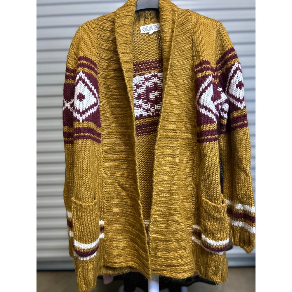 Pink Rose Cardigan Women Medium Yellow Aztec Open Front Boho Sweater